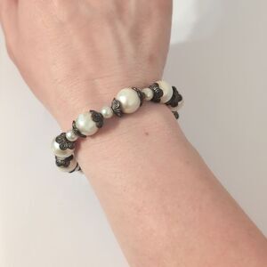 830 Victorian Silver Faux‎ Pearl Beaded Tennis Bracelet with Toggle Clasp